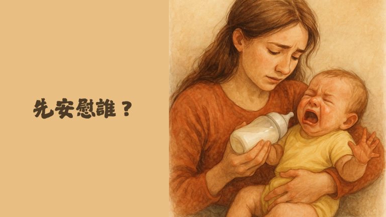 一位媽媽抱著大哭的寶寶，手中拿著奶瓶，畫面文字寫著「先安慰誰？」
